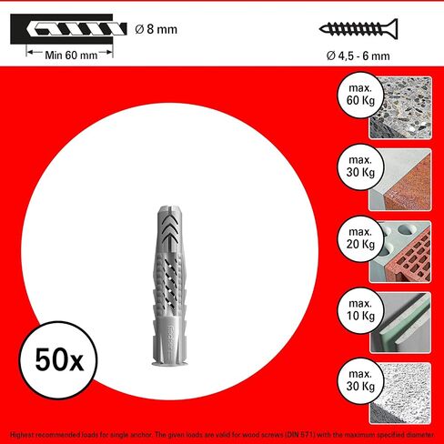 Fischer 542453 UX ، Gray ، Dowel 8 × 50 مم ، مجموعة من 50) in Saudi Arabia