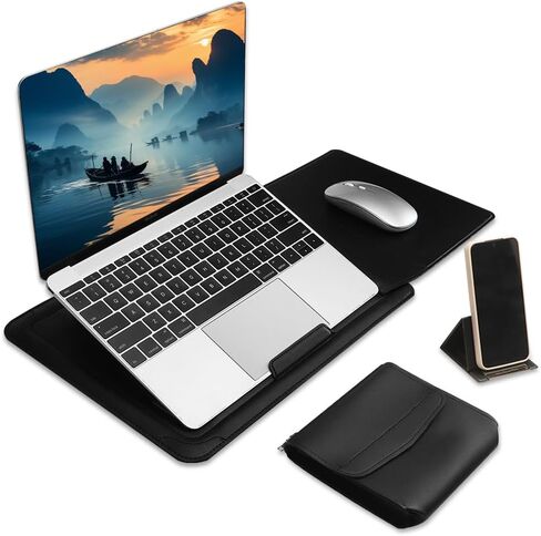 IMMOENUC Multifunctional 14 inch Laptop Sleeve with Stand | Water-Resistant PU Leather Portable Laptop Case, Built-in Adjustable Stand & Mouse Pad, for 13-14" MacBook/Notebook (15.7"x10") Rose Gold in Kuwait