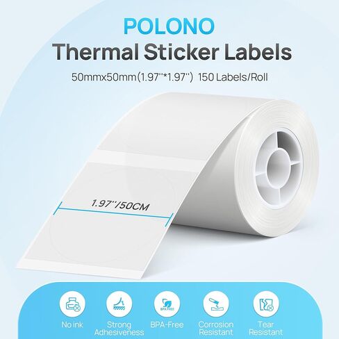 POLONO Thermal Labels for PM220S Label Maker, 2 inch (50mm) Round Thermal Label, Waterproof, Multi-Purpose Label Tape, 1 Roll of 150 Self-Adhesive Thermal Paper (White) in Kuwait