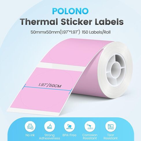 ملصقات Polono الحرارية لصانع الملصقات PM220s ، 2 بوصة (50 مم) الملصق الحراري الدائري ، مقاوم للماء ، شريط ملصق متعدد الأغراض ، 1 لفة من 150 ورقة حرارية لذاتي (أبيض) in Kuwait