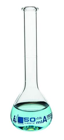 EISCO Volumetric Flask, 50ml - Class A Tolerance ±0.06 - No Stopper, Beaded Rim - Blue Graduations - Borosilicate Glass in Kuwait