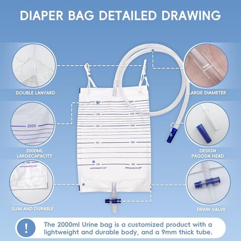 5PCS Catheter Urinary Drainage Bags, Catheter Bags for Men,Urine Bag with Large Anti-Reflux Chamber,Clips and Hanging Hook,0.4"Diameter/48"Long Tubing Flexible- Not Kinks 2000ML in Kuwait