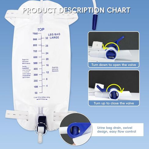 5PCS Catheter Urinary Drainage Bags, Catheter Bags for Men,Urine Bag with Large Anti-Reflux Chamber,Clips and Hanging Hook,0.4"Diameter/48"Long Tubing Flexible- Not Kinks 2000ML in Kuwait