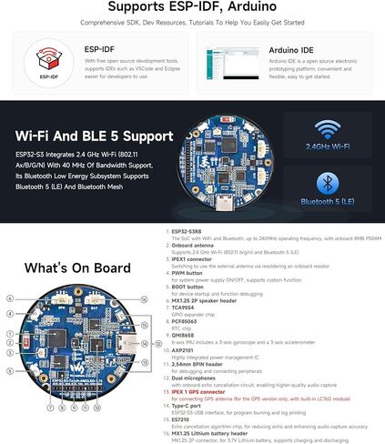 Waveshare ESP32-S3 1.75inch AMOLED Round Touch Display Board ، معالج 32 بت LX7 ثنائي النواة ، 466 × 466 ، واجهة QSPI ، صفيف الميكروفونات الرقمية المزدوجة على متن ، ESP32 مع العرض in Saudi Arabia