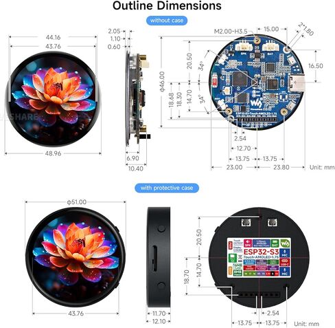 Waveshare ESP32-S3 1.75inch AMOLED Round Touch Display Board ، معالج 32 بت LX7 ثنائي النواة ، 466 × 466 ، واجهة QSPI ، صفيف الميكروفونات الرقمية المزدوجة على متن ، ESP32 مع العرض in Saudi Arabia