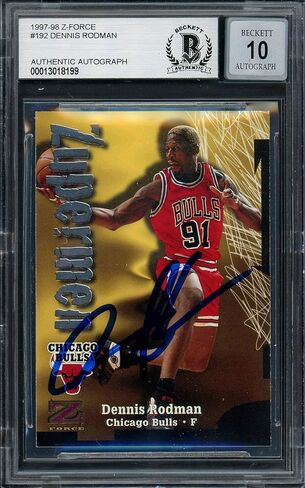 Dennis Rodman موقعة 1997-98 Skybox Zuperman Card #192 Chicago Bulls Auto Grade Gem Mint 10 Beckett Bas #13018199 - بطاقات كرة سلة موقعة in Kuwait