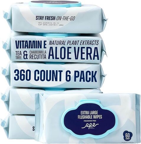 Flushable Wet Wipes - 6 Large Packs (360 Ct) - Unscented Extra-Large Body & Hand Tissue with Vitamin E & Aloe - For Adults, Children & Kids - Ideal for Home, Bathroom, Car & Everyday Hygiene in Saudi Arabia