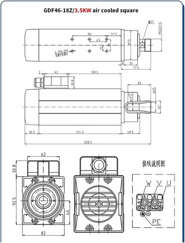 GDF46-18Z/3.5 محرك المغزل 3.5 كيلو واط مربع مبرد الهواء ، 18000 دورة في الدقيقة ER20/ER25 220V/380V (3.5KW ER25 220V) in Saudi Arabia
