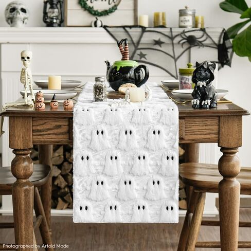 Artoid Mode Ghost Soft Plush Faux Fur Jacquard Halloween Table Runner, Holiday Kitchen Dining Table Decoration for Home Party Decor 13x72 Inch in Saudi Arabia