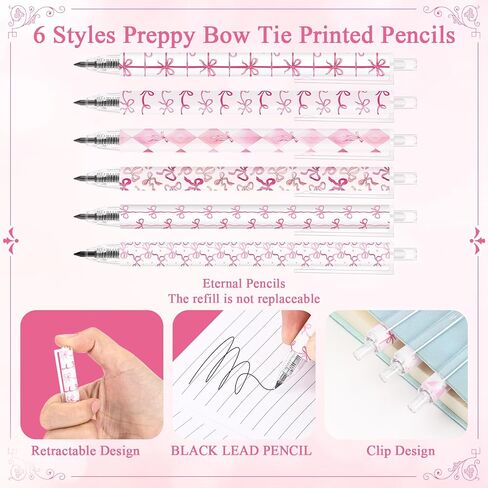 36 Pcs Preppy Pink Coquette Bow Tie Pencils Preppy Girly Stuff 6 Styles Aesthetic Retractable Pencils Back to School Office Supplies Gift for Daughter Student Teacher Classroom Awards in Saudi Arabia