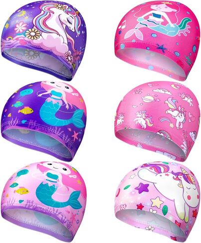 6 Pcs Kids Swim Caps Rainbow Horse Unicorn & Mermaid Design Ear Cover for Toddler Girls Boys Age 2-12 Bathing Hats in Saudi Arabia