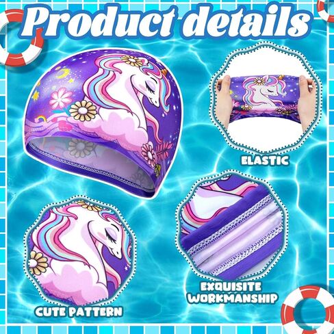 6 Pcs Kids Swim Caps Rainbow Horse Unicorn & Mermaid Design Ear Cover for Toddler Girls Boys Age 2-12 Bathing Hats in Saudi Arabia