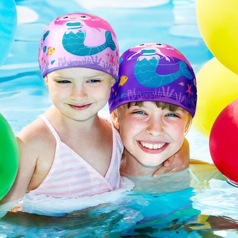 6 Pcs Kids Swim Caps Rainbow Horse Unicorn & Mermaid Design Ear Cover for Toddler Girls Boys Age 2-12 Bathing Hats in Saudi Arabia