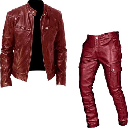 crazynekos Men's PU Leather Jacket Tracksuit Casual Sports 2 Piece Outfit Athletic Jogging Suits Sweatsuit in Saudi Arabia