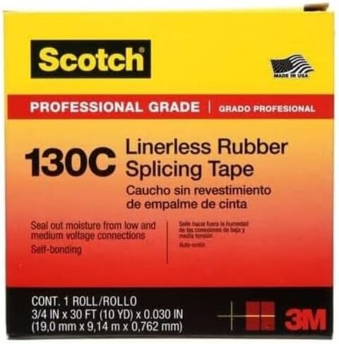 3M Scotch 130C Linerless Rubber Splicing Tape, -18 to 90 Degree C, 750 mV Dielectric Strength, 30' Length x 1" Width, Black in Saudi Arabia