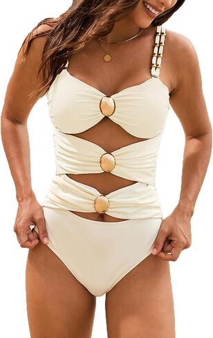 Fanuerg Women's One Piece Swimsuit Sexy Cutout Color Block Bathing Suit Golden O Ring Linked Swimwear in Saudi Arabia