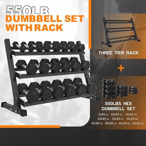 Mikolo Dummbell مجموعات مع رف ، dumbbells السداسية المطاطية ، وخيارات متعددة في 160/200/380/450/550 رطل ، أوزان اليد مع مقبض الكروم لتدريب القوة in Kuwait