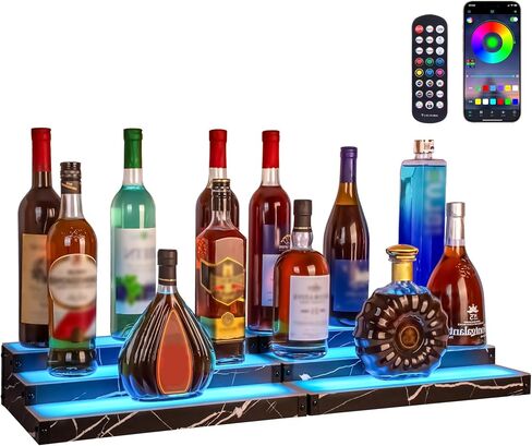 رف زجاجة الخمور المضاءة LED 2 عبوة ، 3 مستويات RGB بار الرف 16x10x3.5 ، ومظهر الرخام الأسود ، التحكم عن بُعد والتطبيق ، رف زجاجة خمور مدعوم من USB مع مزامنة الموسيقى وتوقيت للموسيقى ، بار الكاريوكي ، الحفل in Saudi Arabia