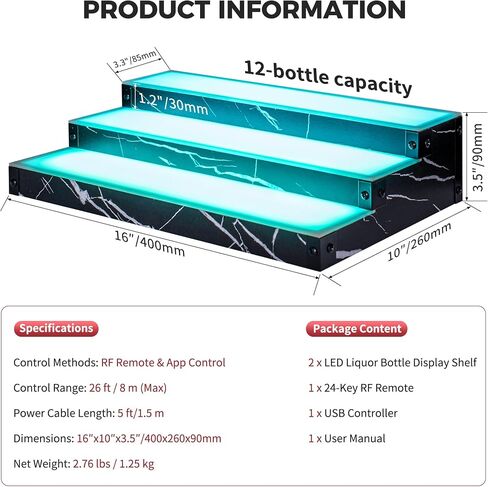 رف زجاجة الخمور المضاءة LED 2 عبوة ، 3 مستويات RGB بار الرف 16x10x3.5 ، ومظهر الرخام الأسود ، التحكم عن بُعد والتطبيق ، رف زجاجة خمور مدعوم من USB مع مزامنة الموسيقى وتوقيت للموسيقى ، بار الكاريوكي ، الحفل in Saudi Arabia
