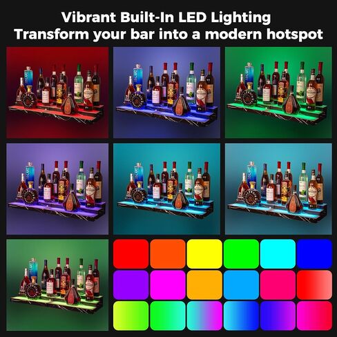 رف زجاجة الخمور المضاءة LED 2 عبوة ، 3 مستويات RGB بار الرف 16x10x3.5 ، ومظهر الرخام الأسود ، التحكم عن بُعد والتطبيق ، رف زجاجة خمور مدعوم من USB مع مزامنة الموسيقى وتوقيت للموسيقى ، بار الكاريوكي ، الحفل in Saudi Arabia