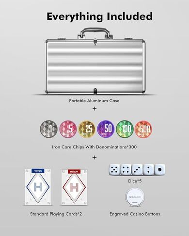 600-Piece Casino Poker Chip Set with Denominations, 11.5g Weighted Chips, 2 Decks, Compact Aluminum Case for Texas Hold'em, Blackjack in Kuwait