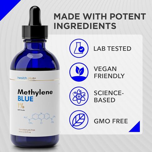Health Plus+ Methylene Blue Drops 1% Solution, USP Grade, 60ml – Methylene Blue Pharmaceutical Grade, Formaldehyde-Free, Alcohol-Free, Third-Party Tested for Human Use in Saudi Arabia