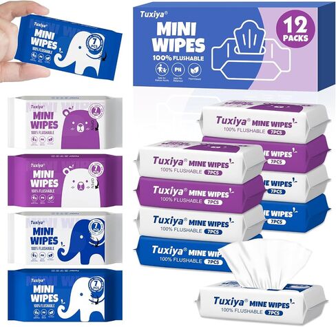 12 PackTravel Flushable Wipes with Aloe & Vitamin E,Impossibly Compact 7 Wipe Per Pack Mini Travel Adult Wet Wipe,Hypoallergenic & Fragrance-Free Skin-Friendly Flushable Wet Wipe(84 Total Wipes) in Saudi Arabia