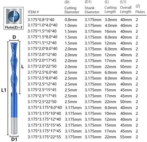3.175-12mm شانك 2 قاطع الفلوت اليسرى أسفل مطحنة الطرف الحلزوني لقطع بتات الألومنيوم CNC (3.175x2x2x50l) in Saudi Arabia