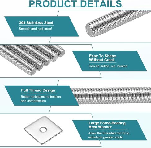 uxcell 10Pcs Fully Threaded Rod, M3 x 60mm 304 Stainless Steel Fully Threaded Studs with Nuts and Washers for Clamps, Hangers and U-Bolts, Silver in Saudi Arabia