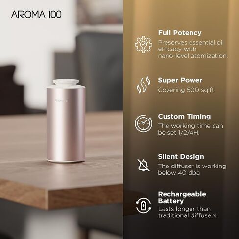 Waterless Diffuser for Essential Oil, Battery Operated Nebulizer Rechargeable Mini Scent Diffusers for Home Cars Room Office 3 Timers & 3 Mist Levels in Saudi Arabia