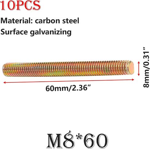10pcs قضيب ملولب بالكامل ، M8 × 60 مم المسمار ملولب ، ملون من الصلب الكربوني الزنك ، جميع ترصيع الخيوط لربط مجموعة الأثاث in Kuwait