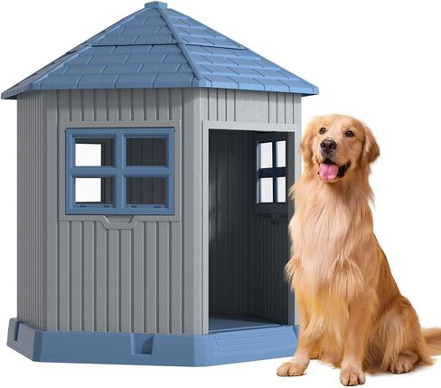 Drato Dog House داخلي في الهواء الطلق متين كبير الكلب الكلب مع بيت الكلب الخارجي مع نافذة وأرضية مرتفعة للكلاب المتوسطة الصغيرة (الأزرق ، 34.8 * 30.51 * 36.89) in Kuwait
