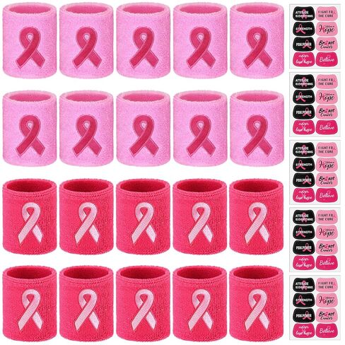 Liliful 60 Pcs Breast Cancer Awareness Wristbands with Stickers Pink Ribbon Sweatbands Football Baseball Wristband for Sports Public Event Accessories(Pink) in Saudi Arabia