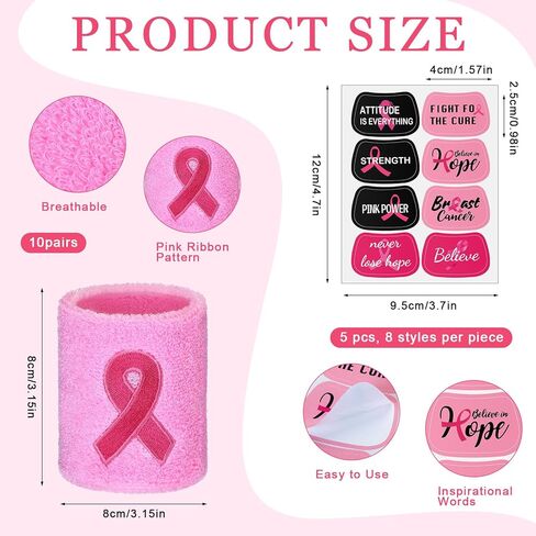 Liliful 60 Pcs Breast Cancer Awareness Wristbands with Stickers Pink Ribbon Sweatbands Football Baseball Wristband for Sports Public Event Accessories(Pink) in Saudi Arabia