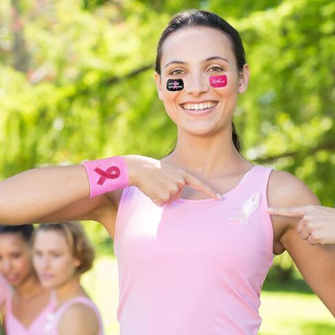 Liliful 60 Pcs Breast Cancer Awareness Wristbands with Stickers Pink Ribbon Sweatbands Football Baseball Wristband for Sports Public Event Accessories(Pink) in Saudi Arabia