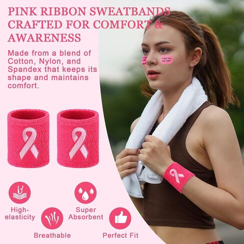 Liliful 60 Pcs Breast Cancer Awareness Wristbands with Stickers Pink Ribbon Sweatbands Football Baseball Wristband for Sports Public Event Accessories(Pink) in Saudi Arabia