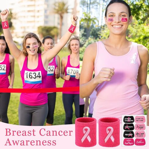 Liliful 60 Pcs Breast Cancer Awareness Wristbands with Stickers Pink Ribbon Sweatbands Football Baseball Wristband for Sports Public Event Accessories(Pink) in Saudi Arabia