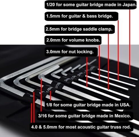 9pcs Guitar Allen Wrench Set ، 1.5mm ، 2mm ، 2.5mm ، 3mm ، 4mm ، 5mm ، 1/20in ، 1/8in ، 3/16in in Kuwait