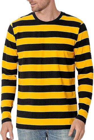 Funny World Men's Striped T-Shirt Crew Neck Long Sleeves Basic Casual Top in Kuwait