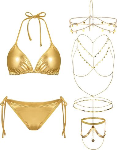 5 PCS Women Gold Bikini with Gold elecins chain chain chain body body weist frain chain jewelry swimsuit suits suits suits suits in Saudi Arabia