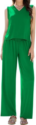 Womens 2 Piece Outfits Lounge Set Casual V Neck Sleeveless Top Wide Leg Pants Set Summer Trendy Clothes in Saudi Arabia