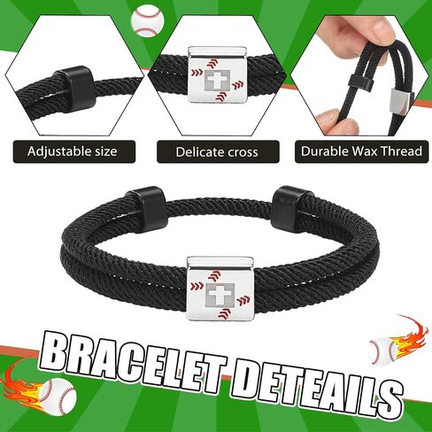 6 Pack Baseball Braided Cross Bracelets Strand for Teen Men Back to School Gift Christian Religious Stainless Steel Adjustable Rope Wristband Jesus Sport Jewelry Team Bulk for Player Coaches in Saudi Arabia