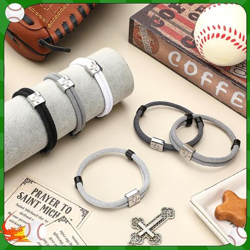 6 Pack Baseball Braided Cross Bracelets Strand for Teen Men Back to School Gift Christian Religious Stainless Steel Adjustable Rope Wristband Jesus Sport Jewelry Team Bulk for Player Coaches in Saudi Arabia