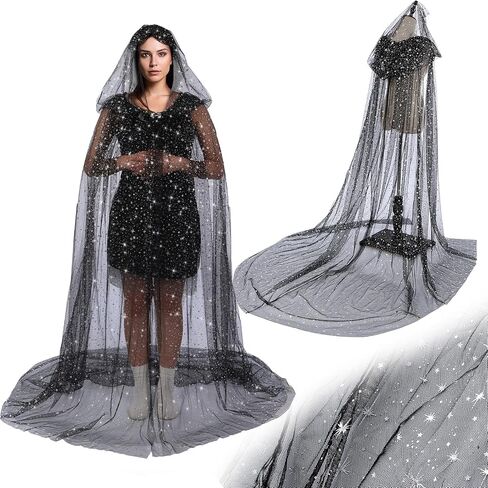 Geyoga Black Celestial Witch Costume Halloween Wedding Tulle Cape Hooded Elf Cloak Gothic Costume for Cosplay in Kuwait