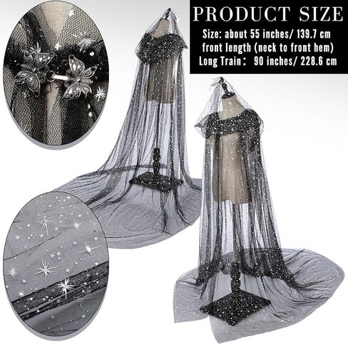 Geyoga Black Celestial Witch Costume Halloween Wedding Tulle Cape Hooded Elf Cloak Gothic Costume for Cosplay in Kuwait
