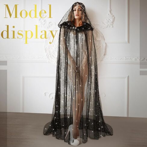 Geyoga Black Celestial Witch Costume Halloween Wedding Tulle Cape Hooded Elf Cloak Gothic Costume for Cosplay in Kuwait