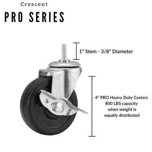 Crescent 800 LBS PRO Series, 4" Heavy Duty Caster Wheels, 3/8" x 1", 16 TPI Threaded Casters, Swiveling, Set of 4, 2 Locking and 2 Non-Locking Wheels with Brakes, for Racks, carts, trolleys in Saudi Arabia
