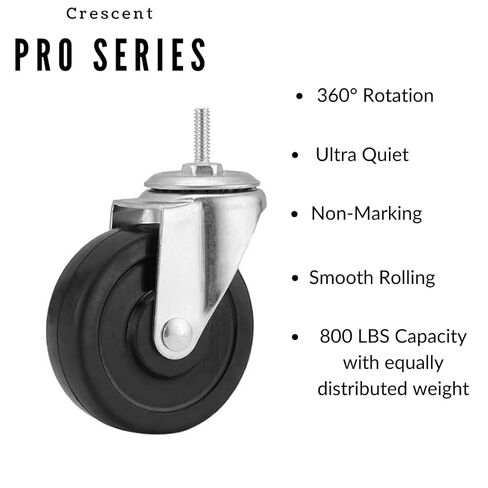 Crescent 800 LBS PRO Series, 4" Heavy Duty Caster Wheels, 3/8" x 1", 16 TPI Threaded Casters, Swiveling, Set of 4, 2 Locking and 2 Non-Locking Wheels with Brakes, for Racks, carts, trolleys in Saudi Arabia