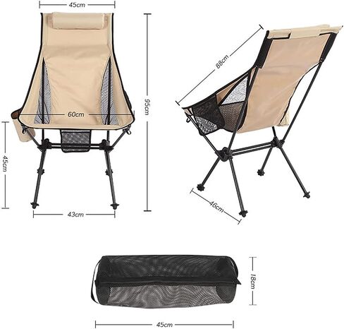 Portable Folding Chair Portable High Back Camping Chair Folding Chair with Headrest Pocket for Outdoor Travel Picnic Hiking Fishing Adjustable Folding Chair(Black) in Saudi Arabia