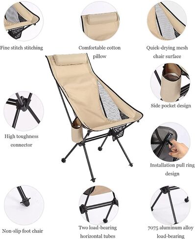 Portable Folding Chair Portable High Back Camping Chair Folding Chair with Headrest Pocket for Outdoor Travel Picnic Hiking Fishing Adjustable Folding Chair(Black) in Saudi Arabia